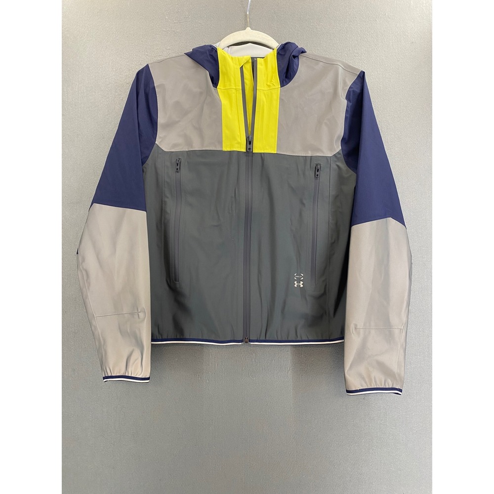 Under Armour Halo Women Grey Navy Yellow Colorblock Hooded Windbreaker Jacket S